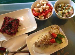 Carrot cake with vanilla cream, cauliflower salad, Russian salad, Beet with tofu at Samadeva in St Petersburg