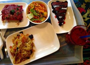 Cabbage with mushroom, chocolate cake, beet with tofu, black currant lassi at Samadeva in St Petersburg