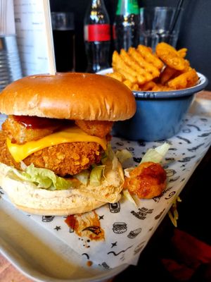 VFC Burger + Waffle Fries at Fat Hippo  in Glasgow