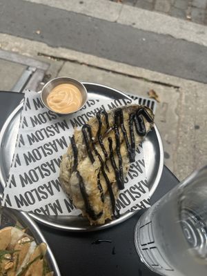 Tempura Aubergine (the sauce scribble on this is insane)  at Maslow in Paris