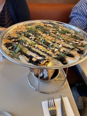 Kohlrabi carpaccio (balsamic and peanut sauce)  at Maslow in Paris