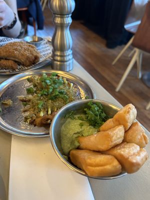 Front - chickpea fritters, middle is asparagus galette   at Maslow in Paris