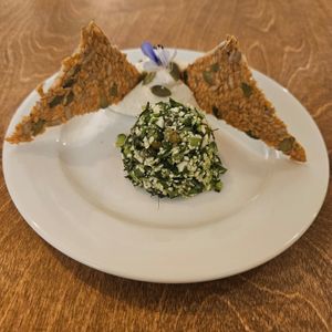 Mixed herbs & Microgreens tabbouleh - Extra Virgin Olive Oil first cold pressed from fresh harvest in Croatia - seed  crackers (private dining) at Yu Dei 余地 in Kowloon