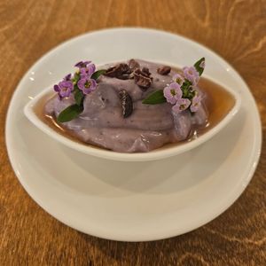 Fresh almond milk with lemon and almond, lavender infused "honey style syrup" drizzle (private dining) at Yu Dei 余地 in Kowloon