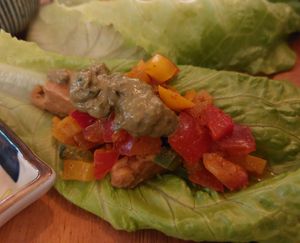 Organic Chickpeas Tempeh Lettuce Wrap with Cashew Pesto & Plum Salsa 腰果青醬布冧沙沙 伴 醬油天貝粒生菜包 at Yu Dei 余地 in Kowloon