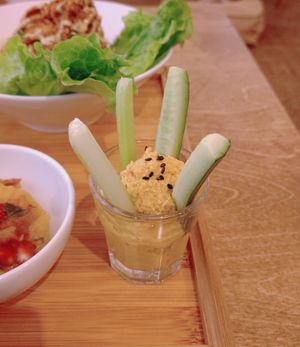 Carrot Hummous with vegetable sticks at Yu Dei 余地 in Kowloon