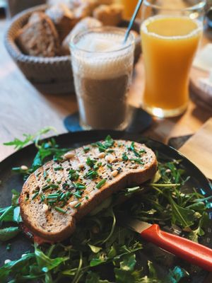 Grilled sandwich, Oat Latte  at Café Harold in Schopfheim