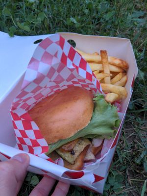 Fish burger with fries at Plant Bun in Turin