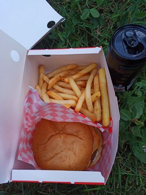 Cheeseburger+ fries + beer at Plant Bun in Turin