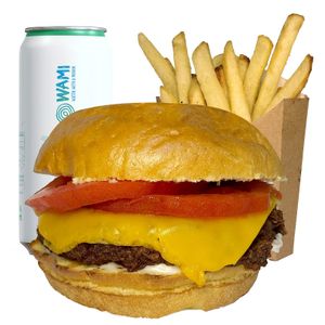 Cheese menù: Potato Bun, Burger, Cheddar, Tomato, Mayo Sauce. Served with airfried chips and water at Plant Bun in Turin