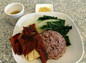 bbq pork and chicken rice  at Veggie Mama in Kowloon