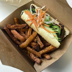garlic banh mi combo with sweet potato fries  at Saigon Vegan Bistro at Loving Hut - Virtual & Pop Up in San Diego