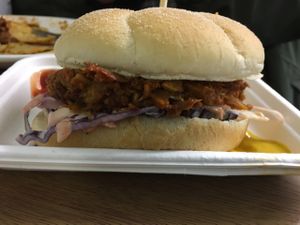 BBQ jackfruit burger at Animals in Need Sanctuary Vegan Cafe in Wellingborough