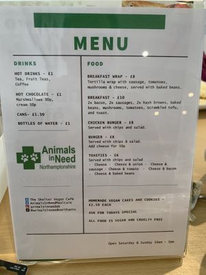 Current menu   at Animals in Need Sanctuary Vegan Cafe in Wellingborough