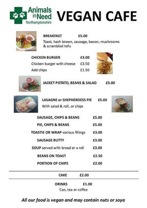 Menu xx at Animals in Need Sanctuary Vegan Cafe in Wellingborough