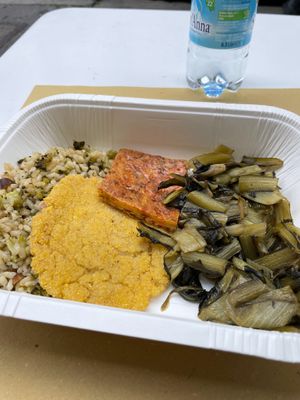 Cotoletta di tofu, farinata con verdure, cicoria, riso con broccoli at Cibó Vegan Food in Milan