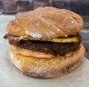 Breakfast Sandwich with Lentil-Walnut Sausage at Earthling Grill in Steilacoom