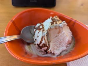 Vanilla ice cream with chocolate syrup at Loco Vegan Beach Bar in Crete