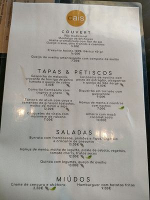 Menu at Cais do Gilão in Tavira