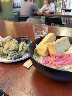 Sesame noodles with crispy tofu add-on and broccoli appetizer  at Koya Rijeka in Rijeka
