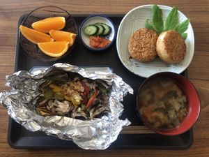 Breakfast (grilled onigiri, grilled/steamed mushroom mix)  at Homestay Kucha in Okinawa