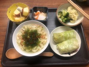 Dinnner (Okinawan noodles plus sides)  at Homestay Kucha in Okinawa