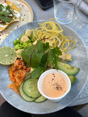 Vegan Buddha bowl, with kimchi, avocado, salad, mix, vegetables, and Vegan Suraci mayonnaise at Blique by Nobis in Stockholm