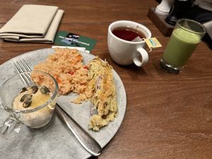 Overnight oats, fruittata, Oatmilk smoothie, fried ricee  at Blique by Nobis in Stockholm