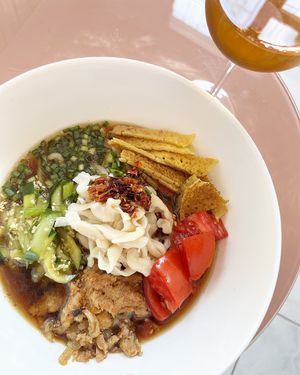 Great vegan Guksu soup. It's cold but really hearty, with "meaty" flavour, marinated soy "meat", and house-made noodles. at Aygi in Yerevan