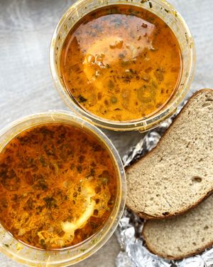 Delivered vegan solyanka. Solyanka is an old Russian national multi-component filling soup of thick consistency with a characteristic spicy, sour-salty, rich taste. at Aygi in Yerevan