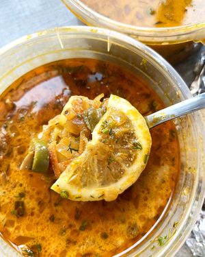 Delivered vegan solyanka, with olives and lemon, highly recommend! at Aygi in Yerevan