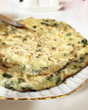 The part of Haykakan lunch: puff fried flatbread with onions at Aygi in Yerevan
