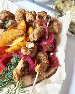 The part of Haykakan lunch: grilled kebabs with homemade pickles at Aygi in Yerevan