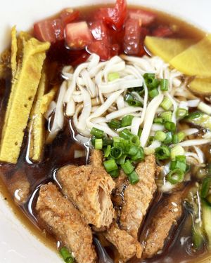 Vegan Kuksi soup with great broth, soy meat, noodles, non-egg crepe, pickles and veggies at Aygi in Yerevan