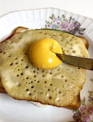 The best vegan imitation yolk, or rather fried egg! So realistic, beautiful and delicious. It flows out like a real yolk! Highly recommend! at Aygi in Yerevan