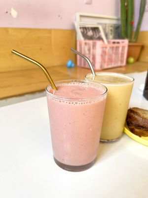 Vegan milkshakes, yummy and thick! The pink one is with strawberry, the yellow is caramel. Served with reusable metal straws. at Aygi in Yerevan
