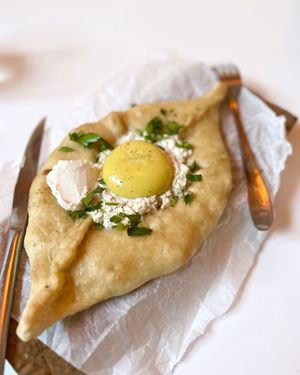 Vegan khachapuri with tofu cheese, "butter" and "yolk". The best khachapuri I've ever eaten! at Aygi in Yerevan