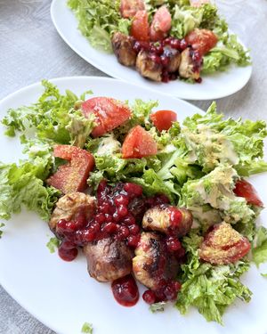 Vegan "meatballs" with lingonberry sauce. Delivered as a semi-finished product, I fried it and served with fresh green salad, nooch and olive oil at Aygi in Yerevan