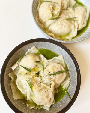 Vegan ravioli: potatoes, spinach, cashew ricotta, chimichurri sauce, tarragon, truffle oil at Aygi in Yerevan