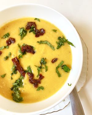 Armenian apricot soup: apricots, lentils, onions, carrots, mint, sun-dried tomatoes at Aygi in Yerevan