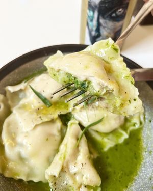 Vegan ravioli: potatoes, spinach, cashew ricotta, chimichurri sauce, tarragon, truffle oil at Aygi in Yerevan