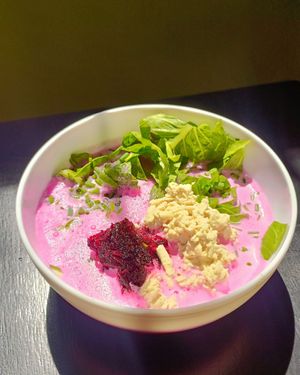 Beetroot soup: kombucha, caramelized beetroot, non-egg tofu, cucumber, potatoes, soy mayonnaise, herbs at Aygi in Yerevan