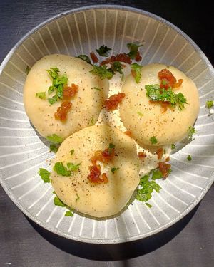 Poltava-style halushkas: potato dough, lentils, textured soy protein, cabbage, onions, spices, herbs, cashew aioli at Aygi in Yerevan