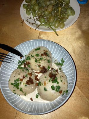 Poltava-style galushkee. Special of week. Slavonic cuisine dumplings with lentils, soy protein, onions, little bit spicy. 10/10 at Aygi in Yerevan