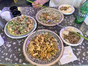 Left: vegan chicken. Back: vegan pad thai (so delicious we almost ate everything before we took the picture)  at Tae Tae Tae (태태태) in Busan