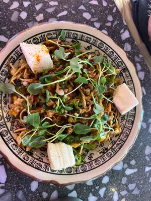 Vegan maradosak noodles at Tae Tae Tae (태태태) in Busan