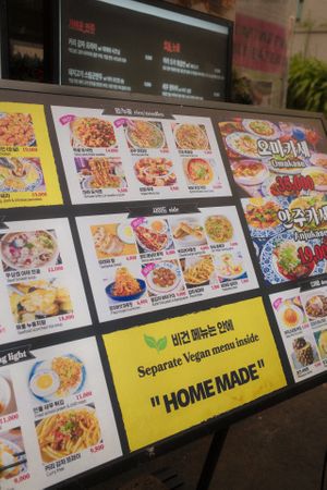 Signage clearly showing vegan options (more inside)  at Tae Tae Tae (태태태) in Busan