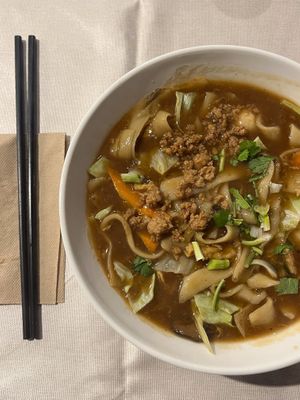 Stir-Fried Flat Rice Noodles w/'Egg' Gravy - not sure what egg gravy usually tastes like but this vegan version is delicious! at Joyve Cafe in Auckland