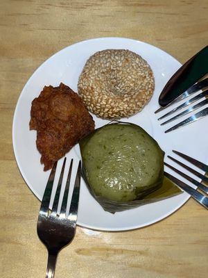 Fried Banana Cake Ball, Sesame Red Bean Ball, 'Woodworm' cake  at Joyve Cafe in Auckland