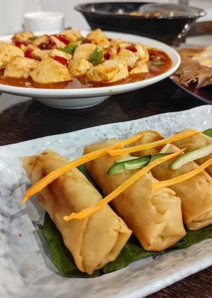 Spring rolls foreground
Mapo tofu background at Joyve Cafe in Auckland